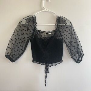 C. Vianca Black‎ Puff Sleeve Crop Blouse with Tie Front